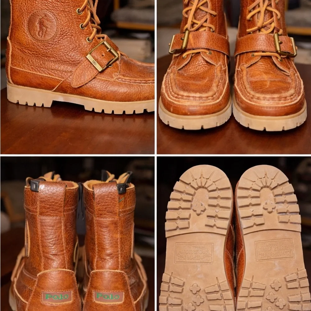 Polo by Ralph Lauren Men's Cognac Leather Lace & Buckle Moc Toe Boots - Picture 2 of 2